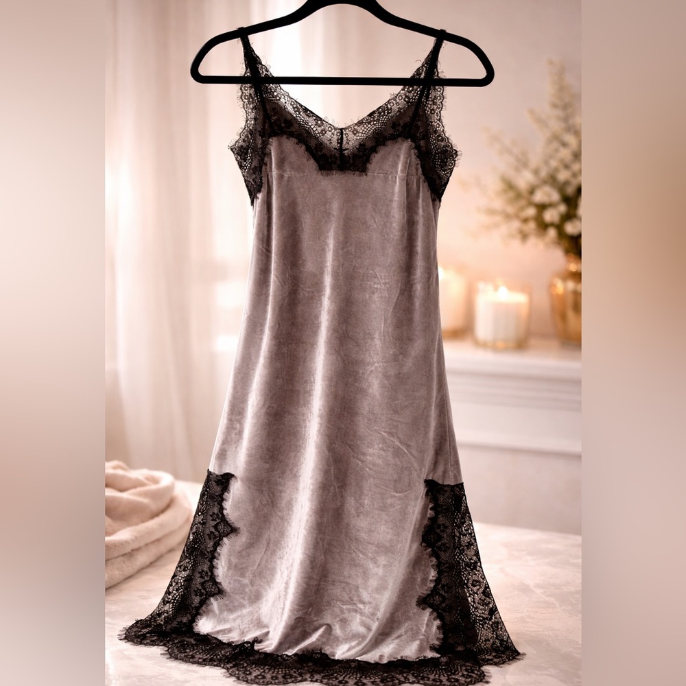 Gray Stretch Velvet Lace Trim Midi Slip Dress • Side Slits • NWOT matching Thong